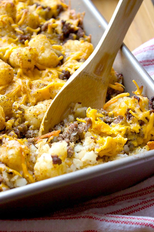A delicious hash-brown casserole with cheese and ground beef.